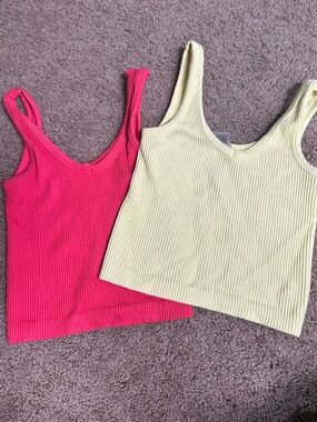 2 Ribbed Tank Tops - Bright Pink+Yellow